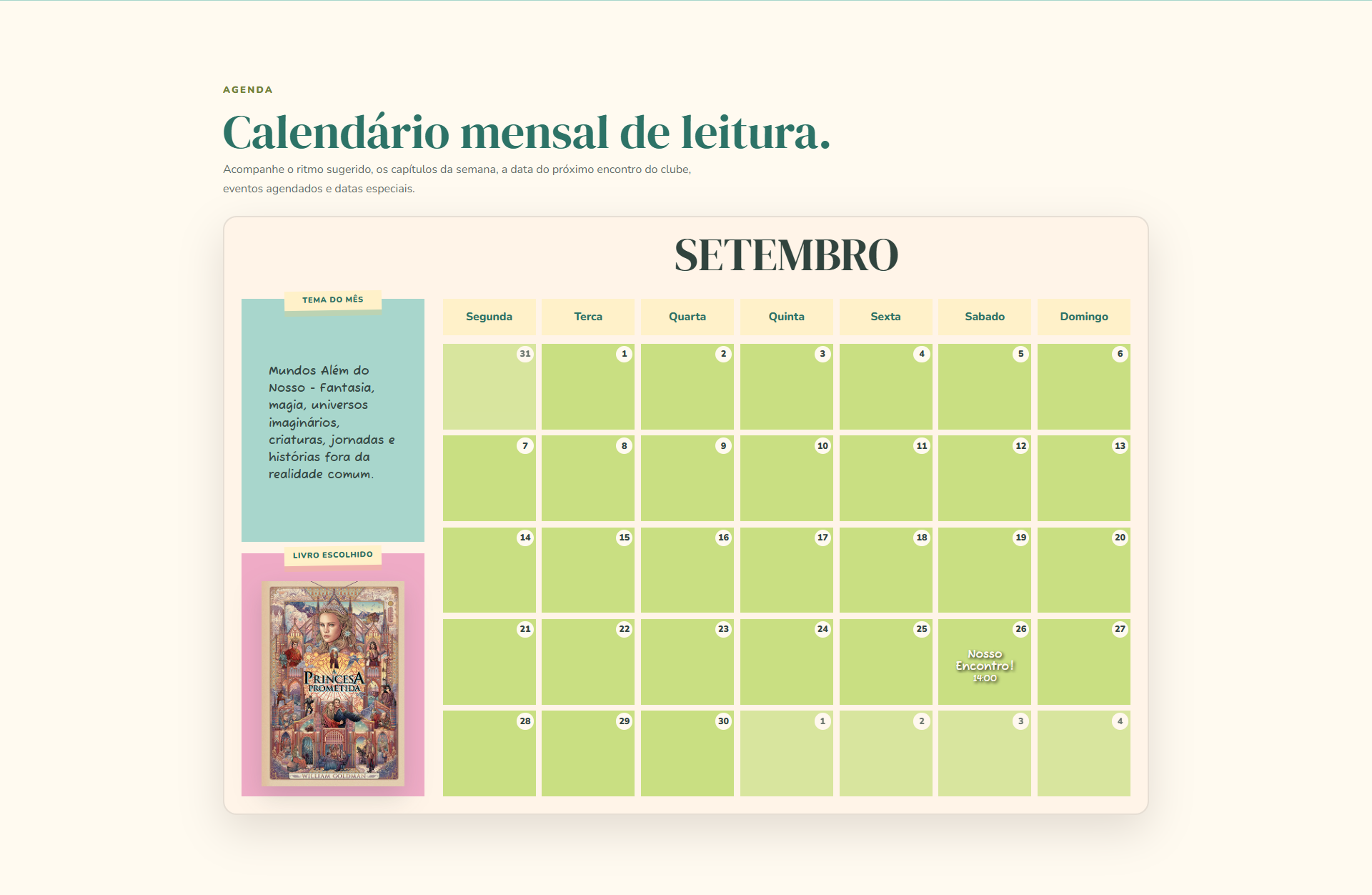 Calendário mensal do clube de leitura