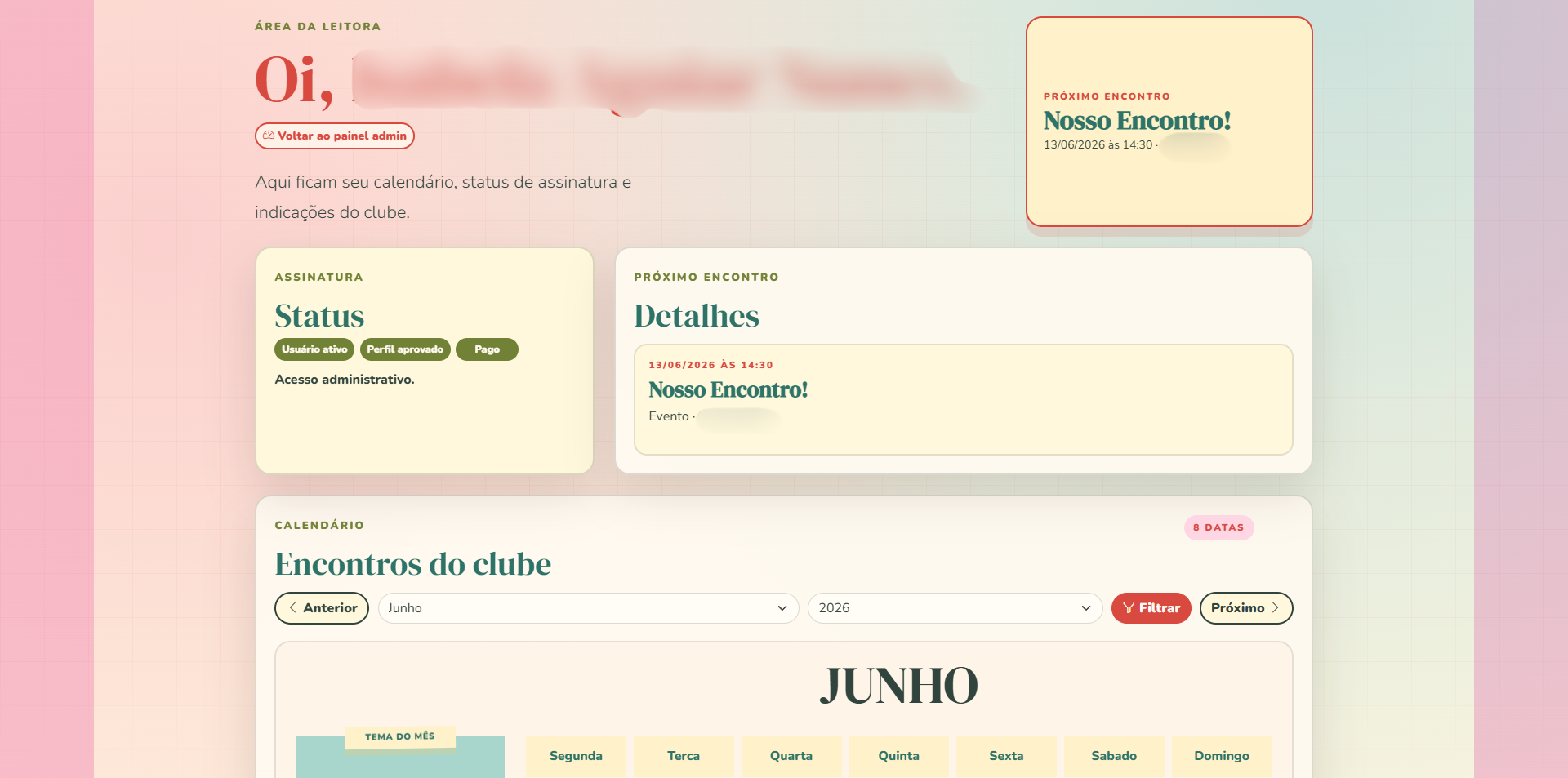Área da participante da plataforma