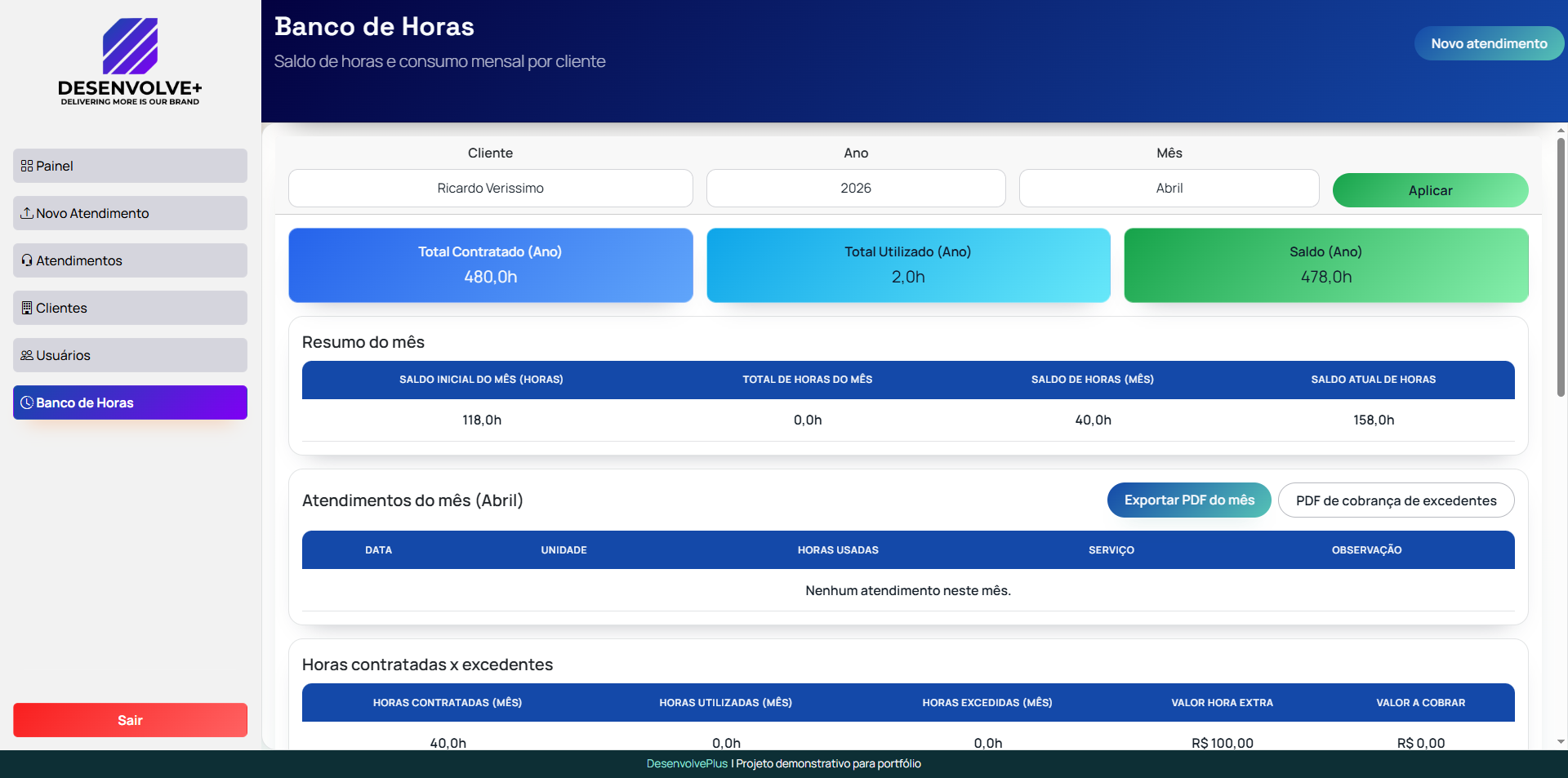 Tela do módulo de banco de horas